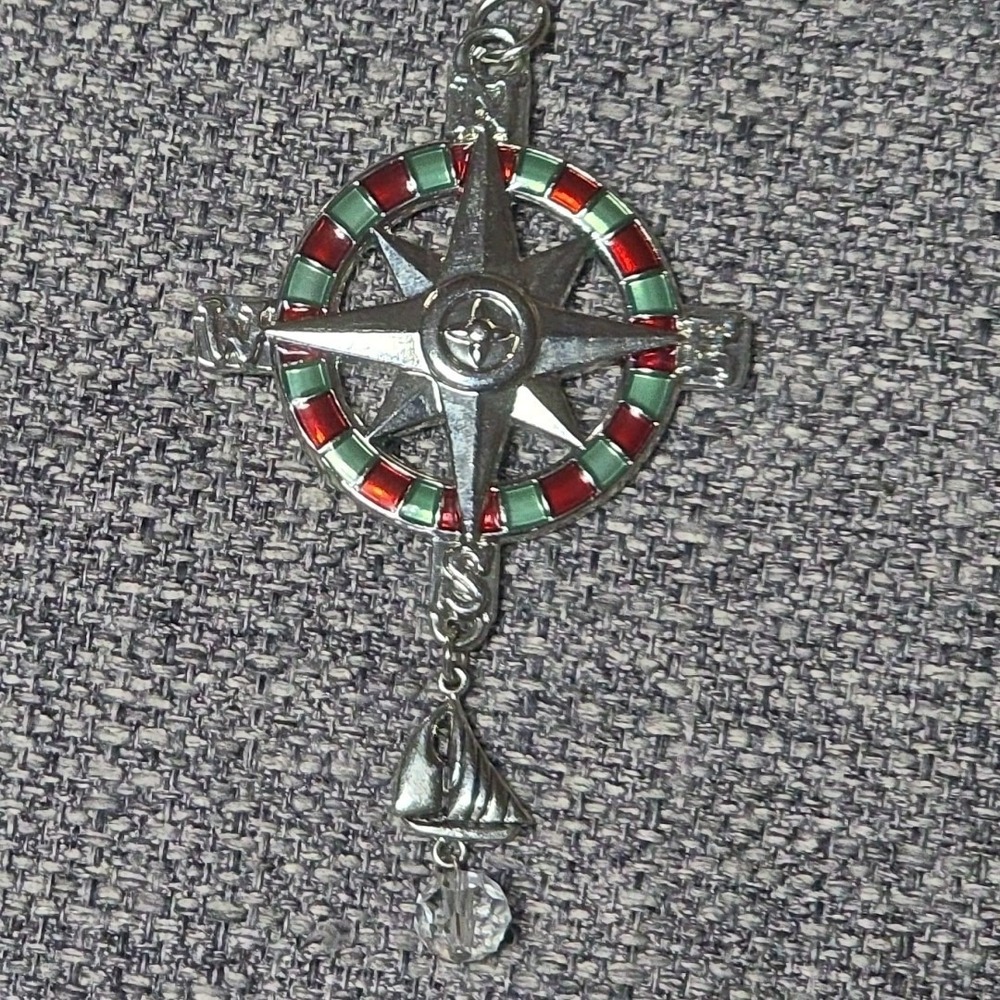 Pendant Nautical Compass Enameled Sailing Sailboat Red Green Silver Pendant Only